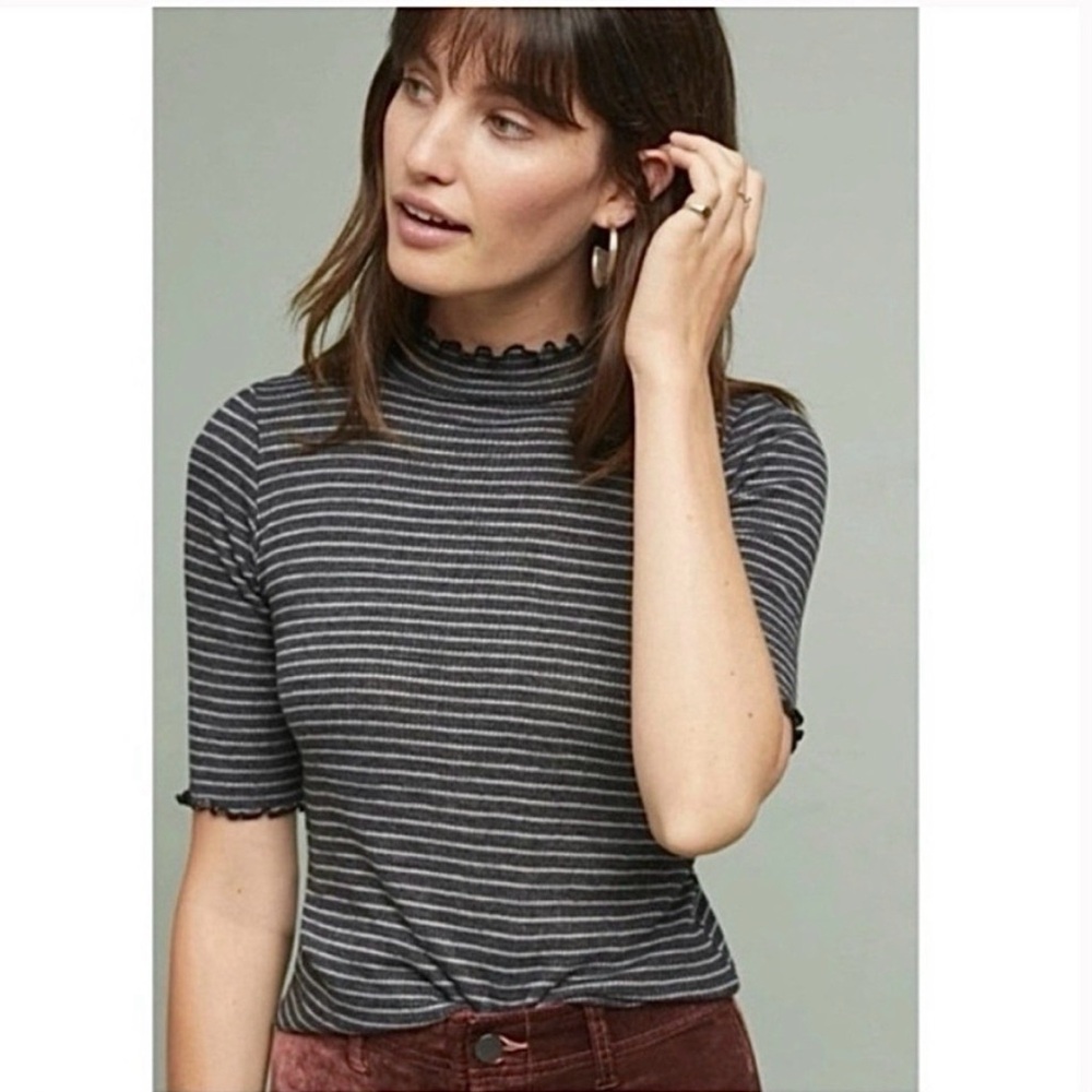 T.La for Anthropologie striped mock neck tee ruffle hem